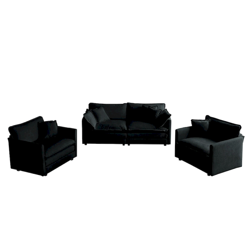 Black 3-Piece Chenille Sofa Set with Loveseat and 2 Single Sofas