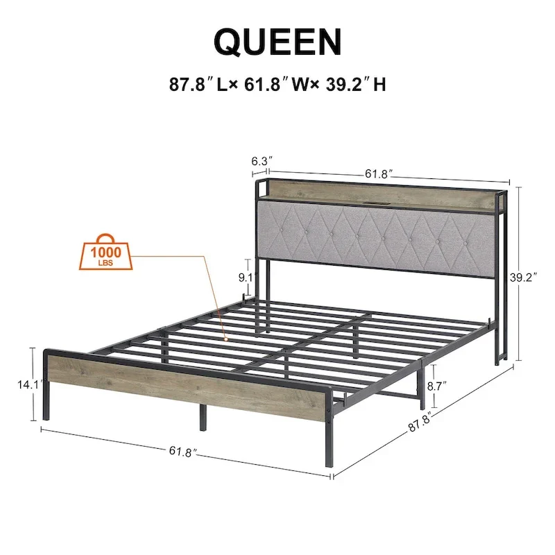 Grey & Queen Bed with Charging Station