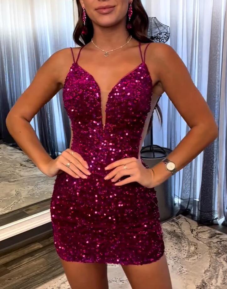 Sheath Fuchsia Sequin Mini Party Dresses