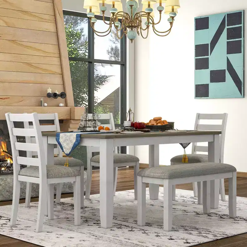6 Pieces Wood Dining Room Table Set for 6, Rectangle Dining Table with 4 Upholstered Chairs and Bench