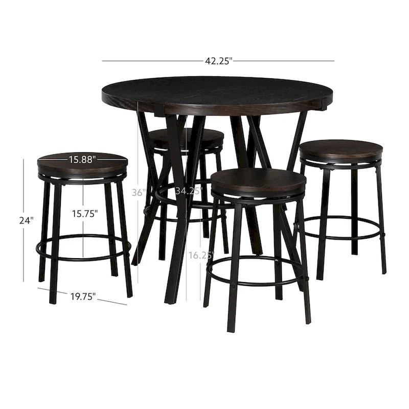 Cassidy Charcoal Wooden 5-Piece Counter Height Dining Set with 4 Stools