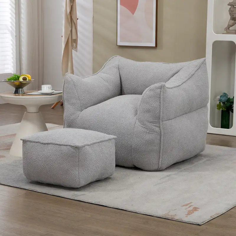 Boucle Upholstered Deep Seat Armless Square Bean Bag Chair with Ottoman