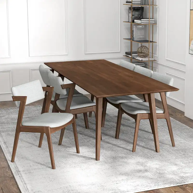 Ayven Mid-Century Style 7 Piece Solid Wood Dining Set in Walnut Brown