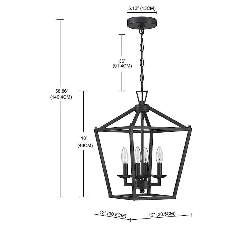 2-PK 12 in.4-light Geometric Lantern Chandelier with Matte Black finish/Soft gold finish