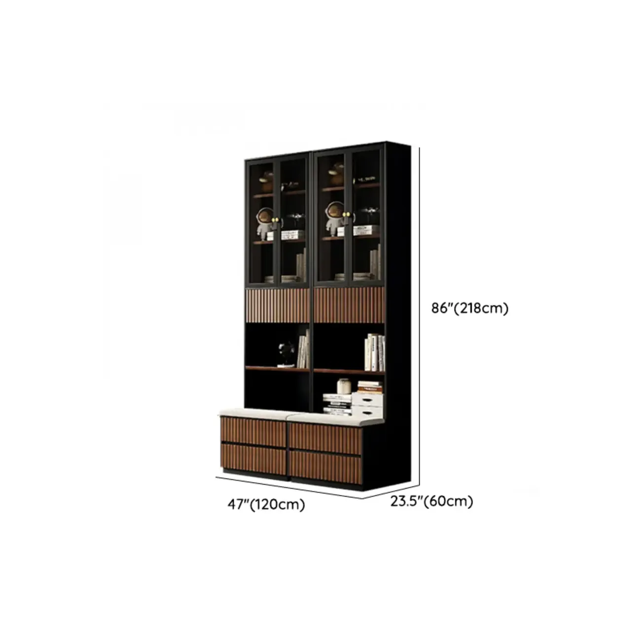 Tall French Country Display Wooden Bookcase with Cushioned Bench