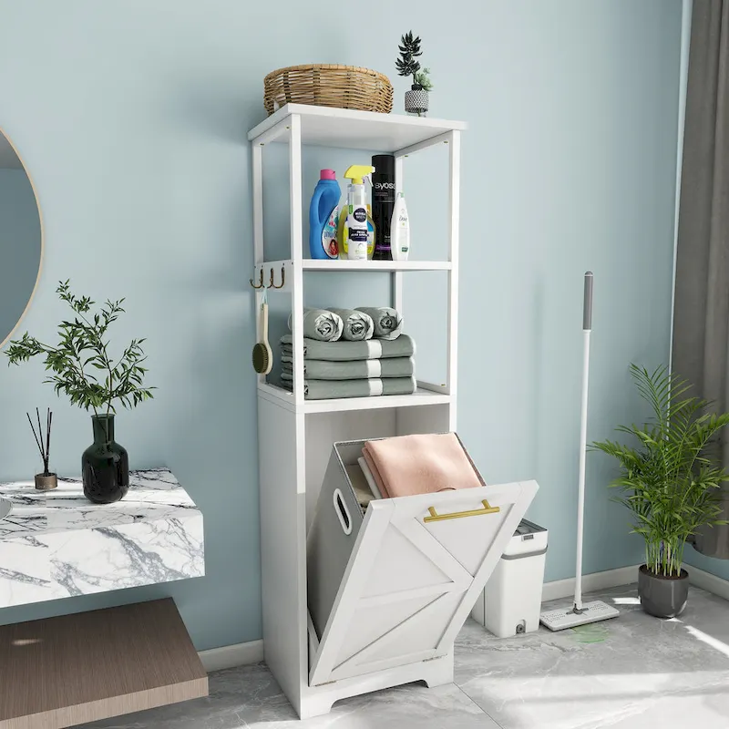 3-Tier Tilt-Out Laundry Hamper Cabinet with Hooks, White / Black, 2-Section