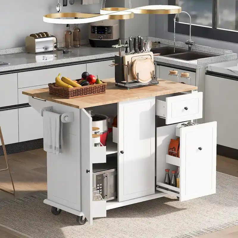 Kitchen Island with Drop Leaf, Rolling Cart on Wheels with Storage Rack and 3 Tier Pull Out Cabinet Organizer with Spice Rack