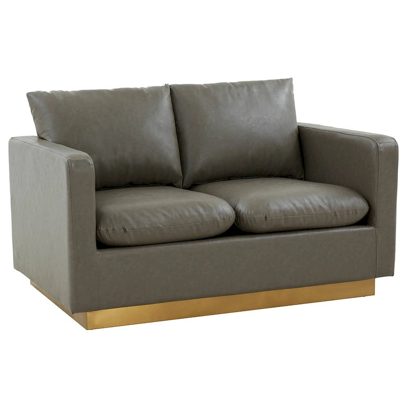 LeisureMod Nervo Modern Leather Loveseat With Gold Base & Cushions - 55.9