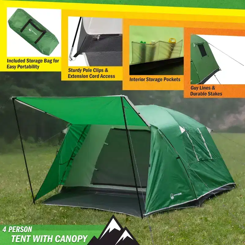 Wakeman Outdoors 4 Person Tent with Porch, Green
