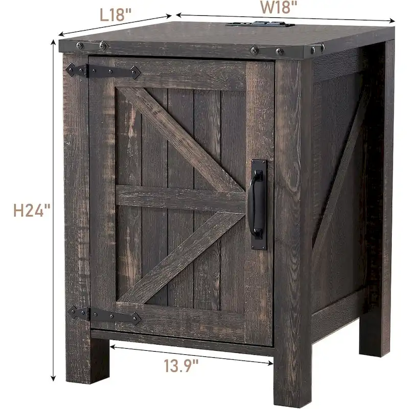 Farmhouse Wood Nightstand with Charging Station, End Table, Side Table