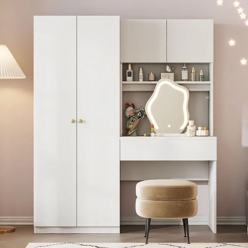 4-in-1 Wardrobe Closet with Makeup Vanity Desk Set, Bedroom Armoire with Lighted Mirror, Double Door Armoire