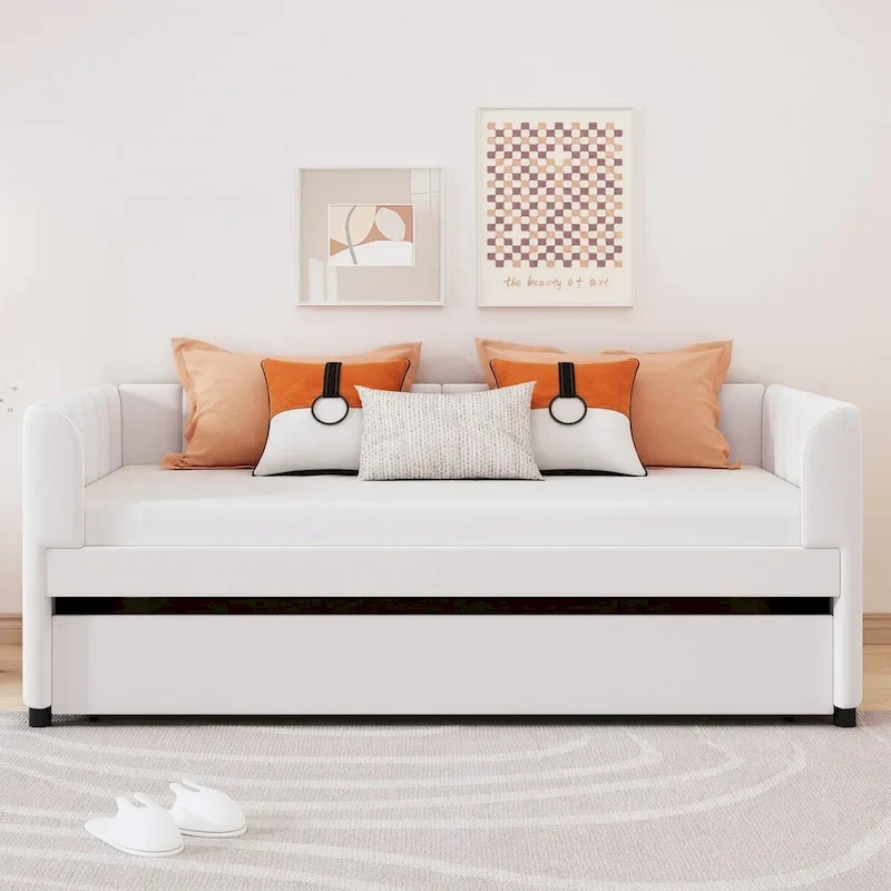 Twin Size Upholstered Daybed with Backrest and Trundle