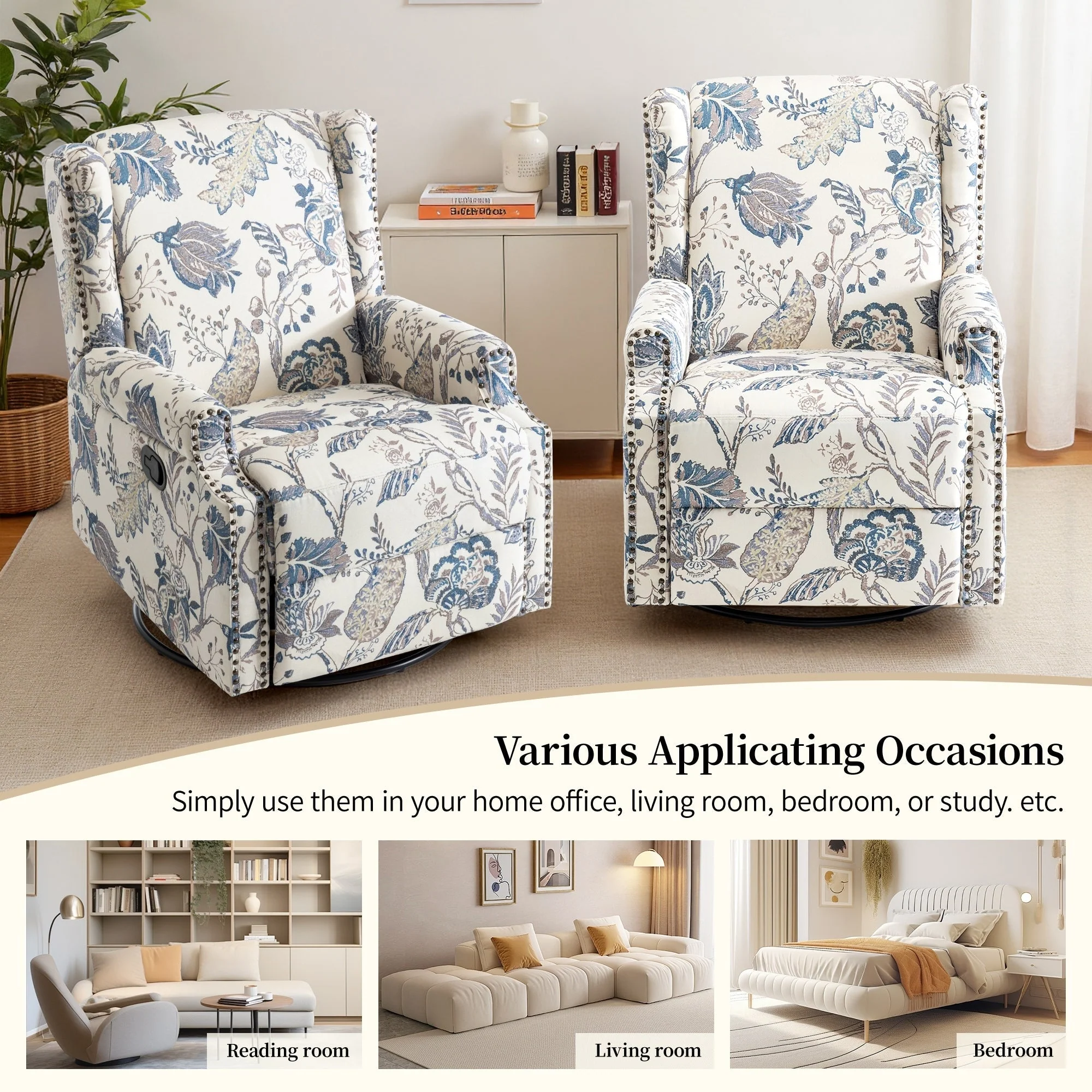 29'' W Pattern Swivel Glider Manual Push Back Recliner Chair Set of 2
