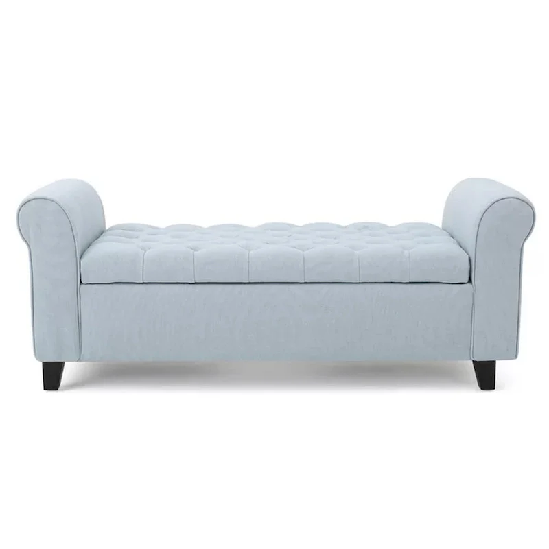 Storage Ottoman Bench, 50 Inch Light Blue, Rolled Arms, Black Wood
