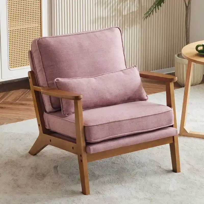 Upholstered Linen Blend Accent Chair with Wooden Legs and Pillow, Beige