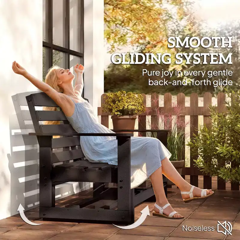 Patio Glider Bench w/ HDPE Slatted Double Rocking Chair, Black