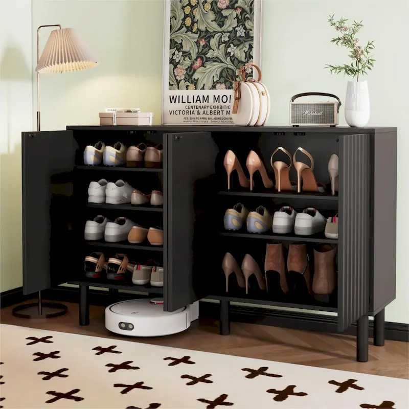 Minimalist Shoe Cabinet with 5 Solid Wood Legs and Fluted Doors