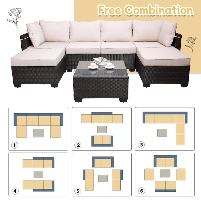 7-Piece Rattan Wicker Cushioned Sofa Sets with Coffee Table