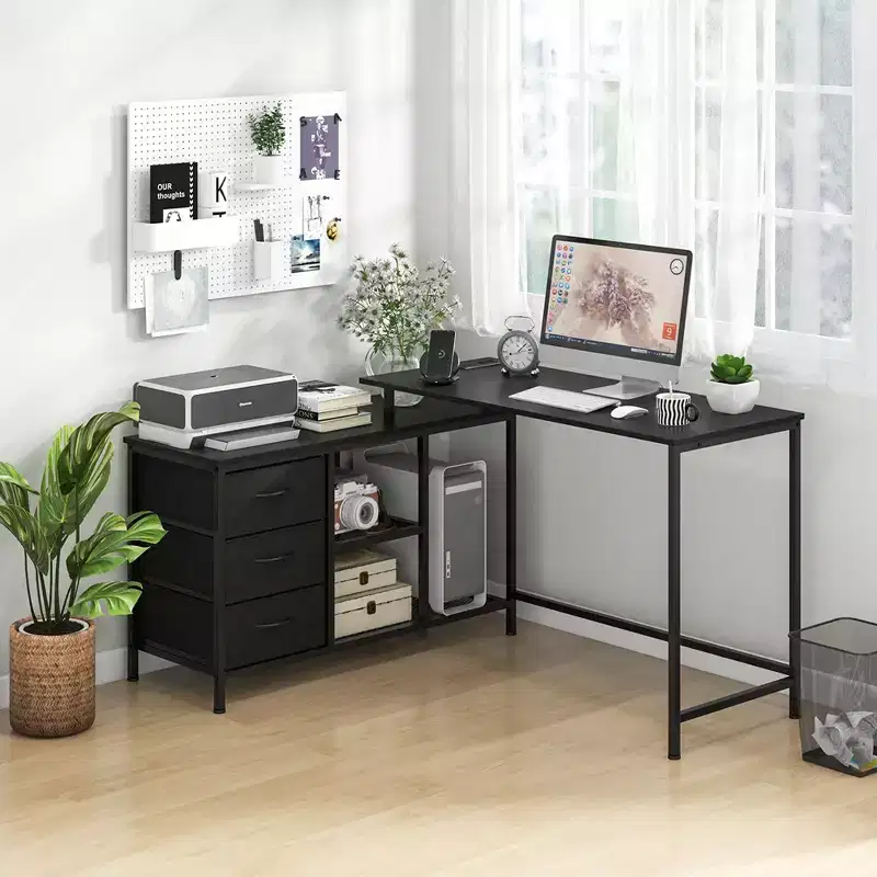 Costway L-shaped Computer Desk with Power Outlet, Drawers, Metal Mesh Shelves Rustic Brown/Black/White