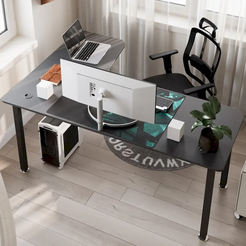 Black L-Shaped Corner Desk with Mouse Pad, Single Person