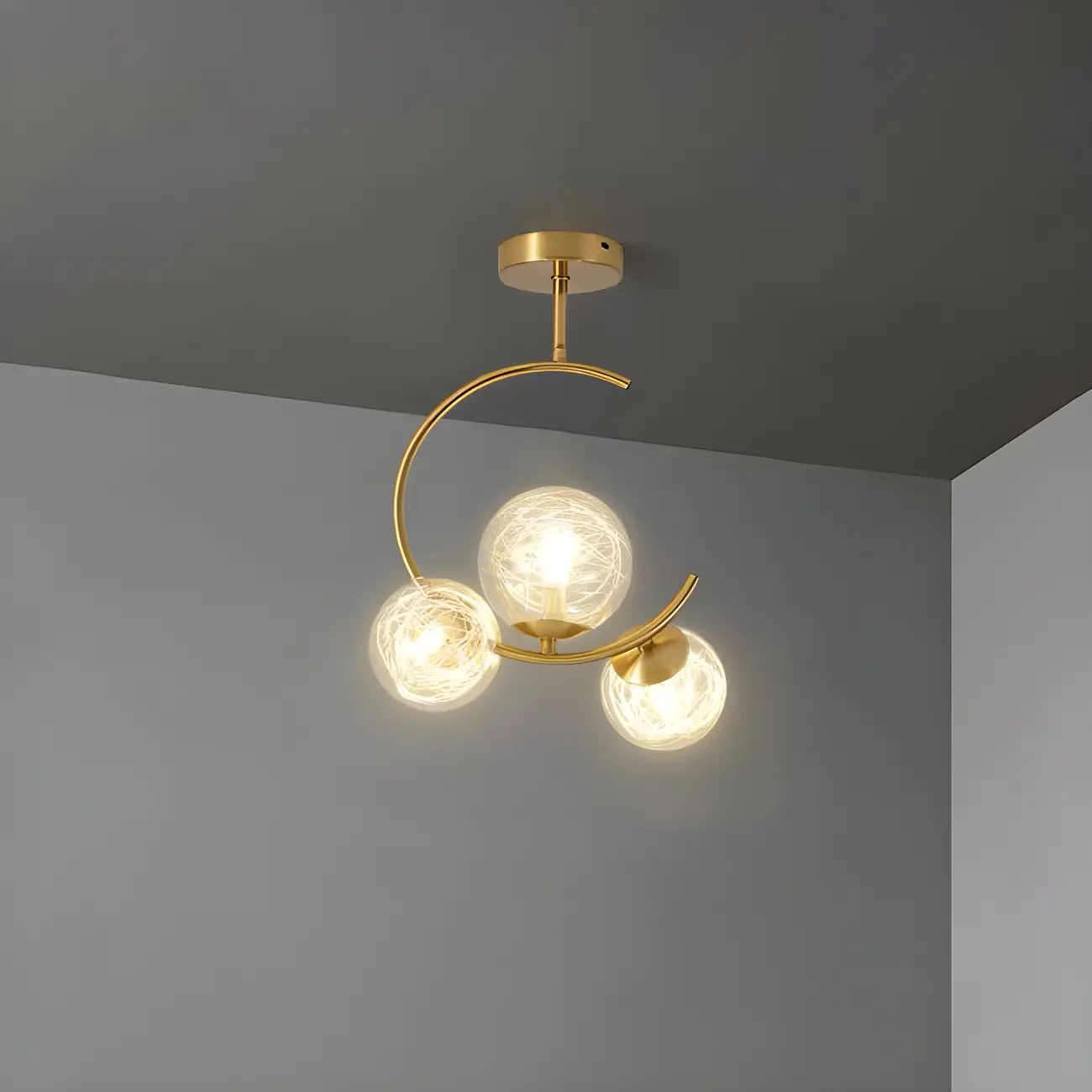 Modern Globe Glass Metal Gold Semi Flush Ceiling Light