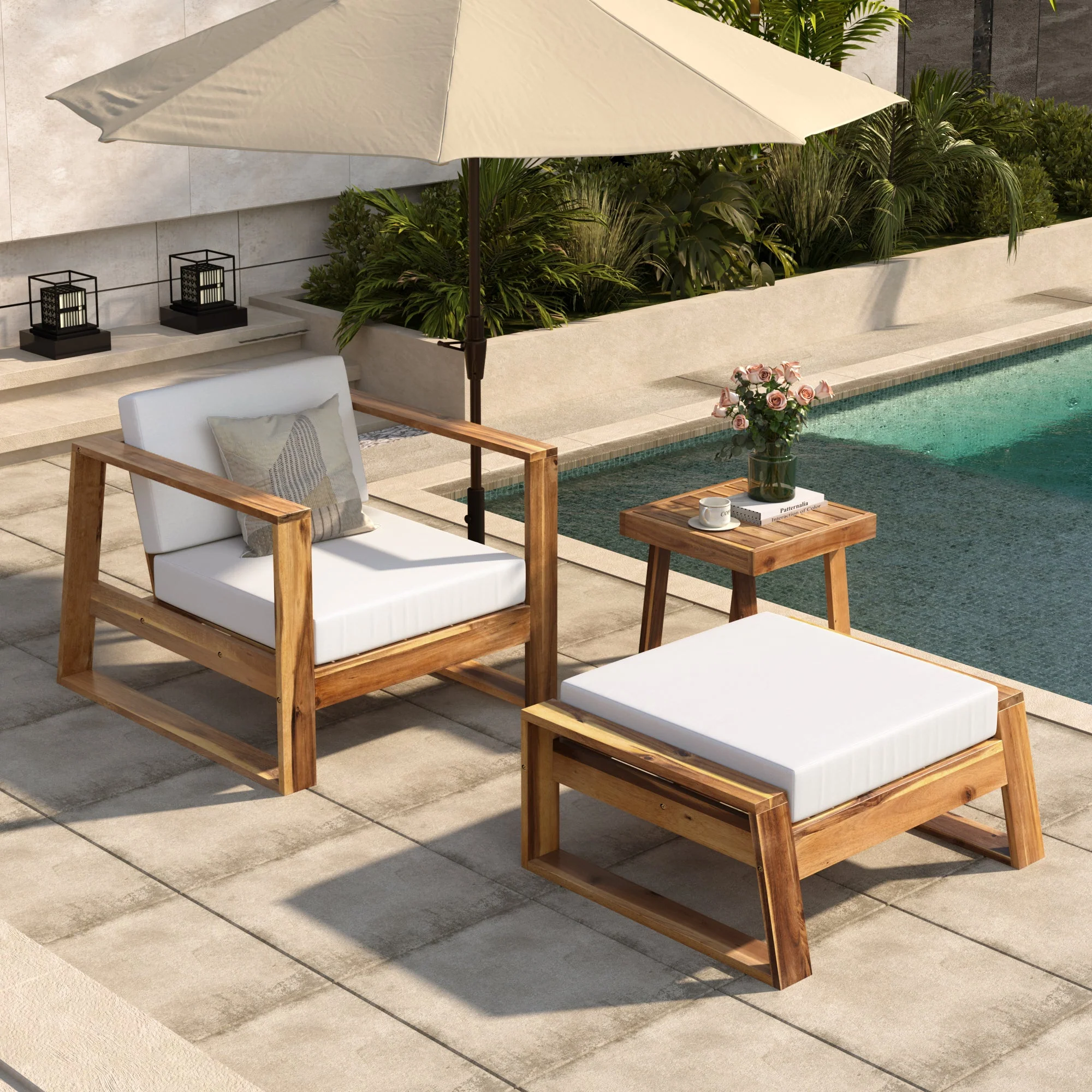 Walker Edison | 3-Piece Acacia Wood Outdoor Lounge Set