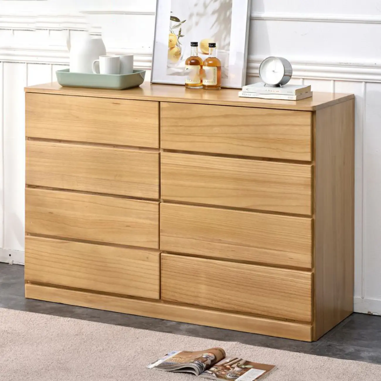 Modern Natural Wooden Double Dresser with 5-Drawers