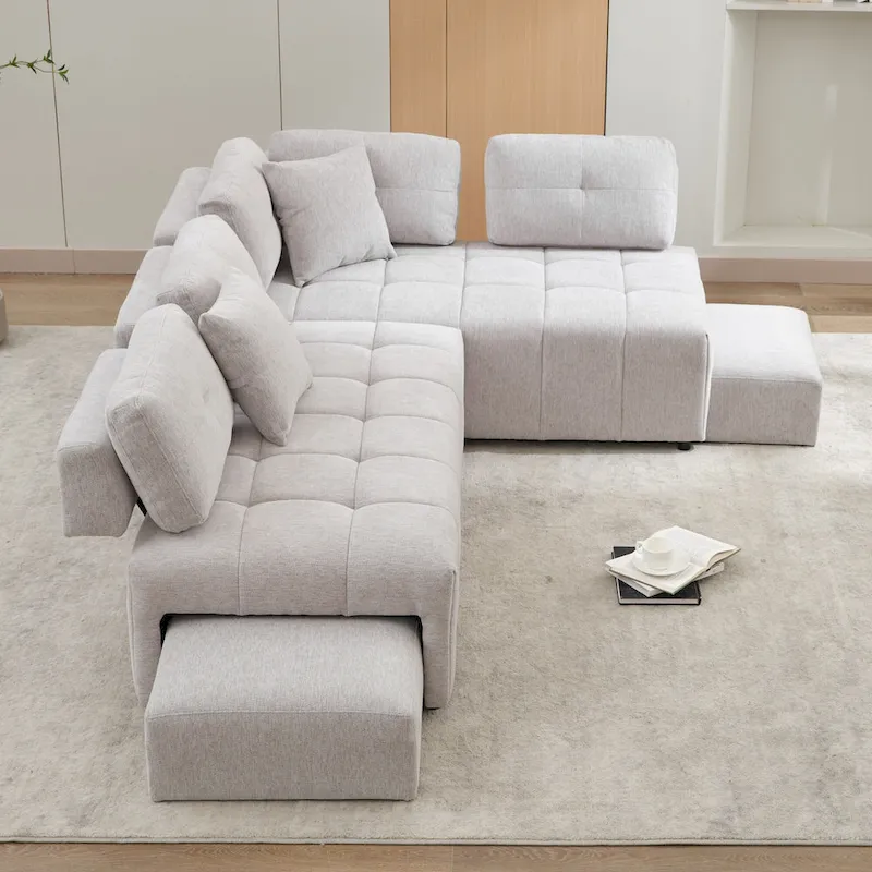 91.73 L-Shaped 4-Seat Sectional Sofa with 2 Hidden Stools, 2 Removable Lumbar Cushions, and Durable Chenille Fabric