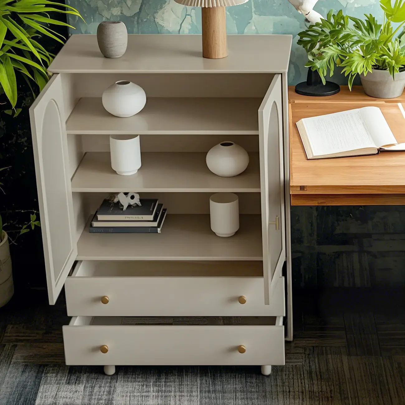 Elegant Wooden Combo Dresser with Shelves and 4-Drawers