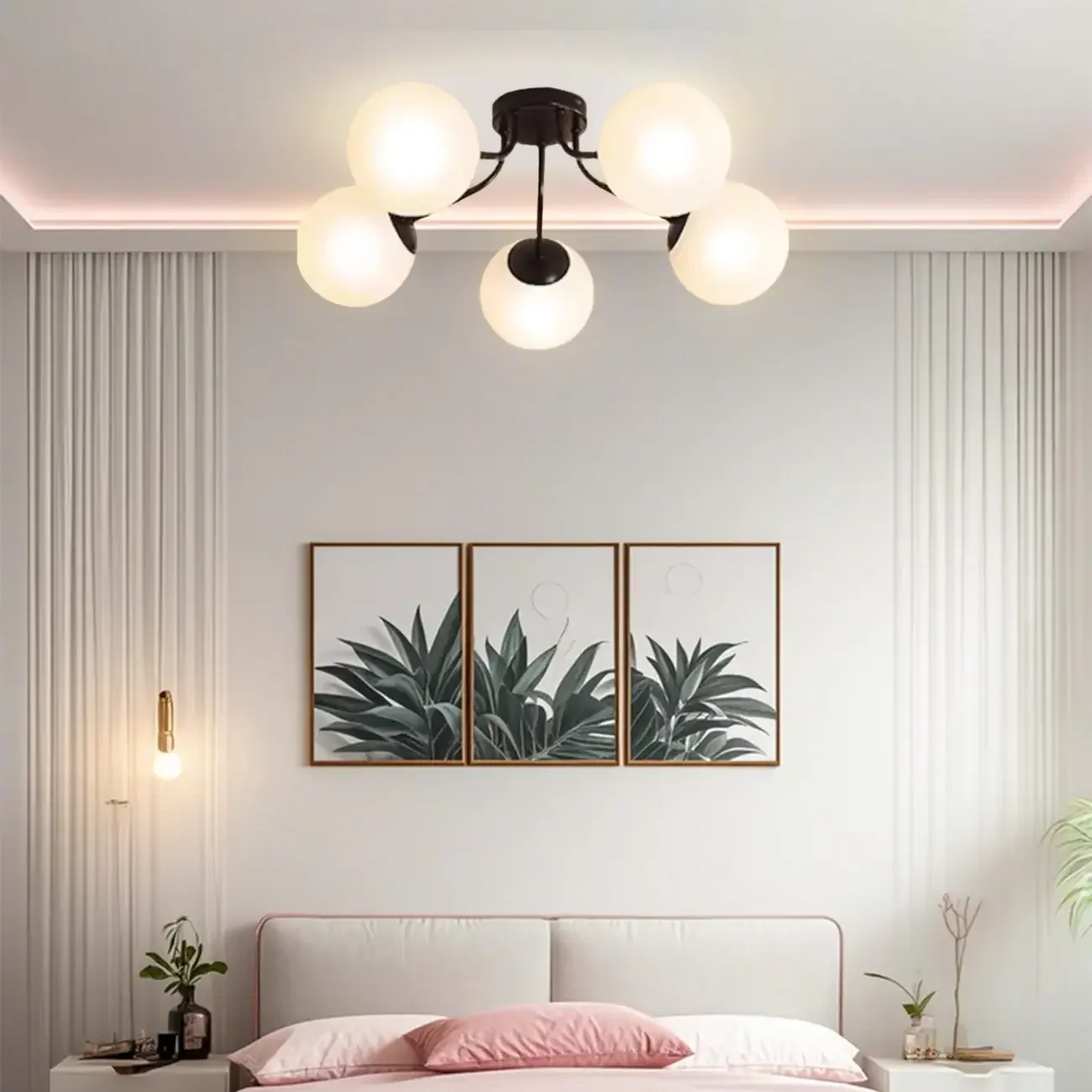 Modern White Globe Glass Golden Semi Flush Ceiling Light