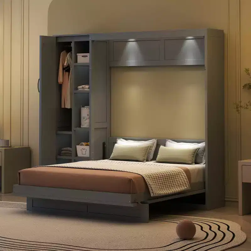 Full/Queen Size Murphy Bed Space-saving Wall Bed Foldable Bed with Shelves, Wardrobe & LED Light - ModernLuxe