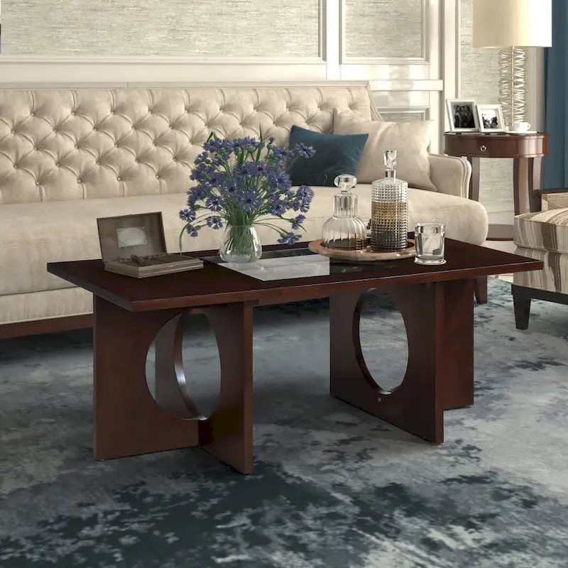 Light Espresso / Black MDF and Birch Veneer Rectangular Coffee Table with Tempered Glass Insert – 47.25 in