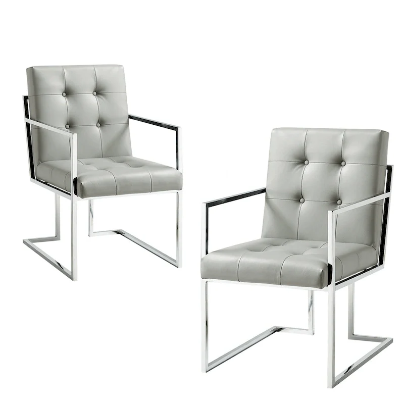 HomeRoots Set of Two Tufted Light Gray and Silver Metallic Upholstered Faux Leather Dining Arm Chairs
