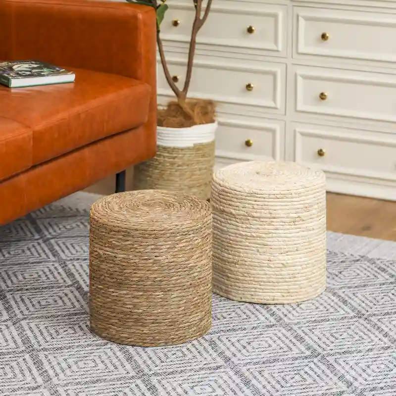 Adeco Set of 2 Foot Stool Natural Cattail Hand Weave Poufs Ottoman