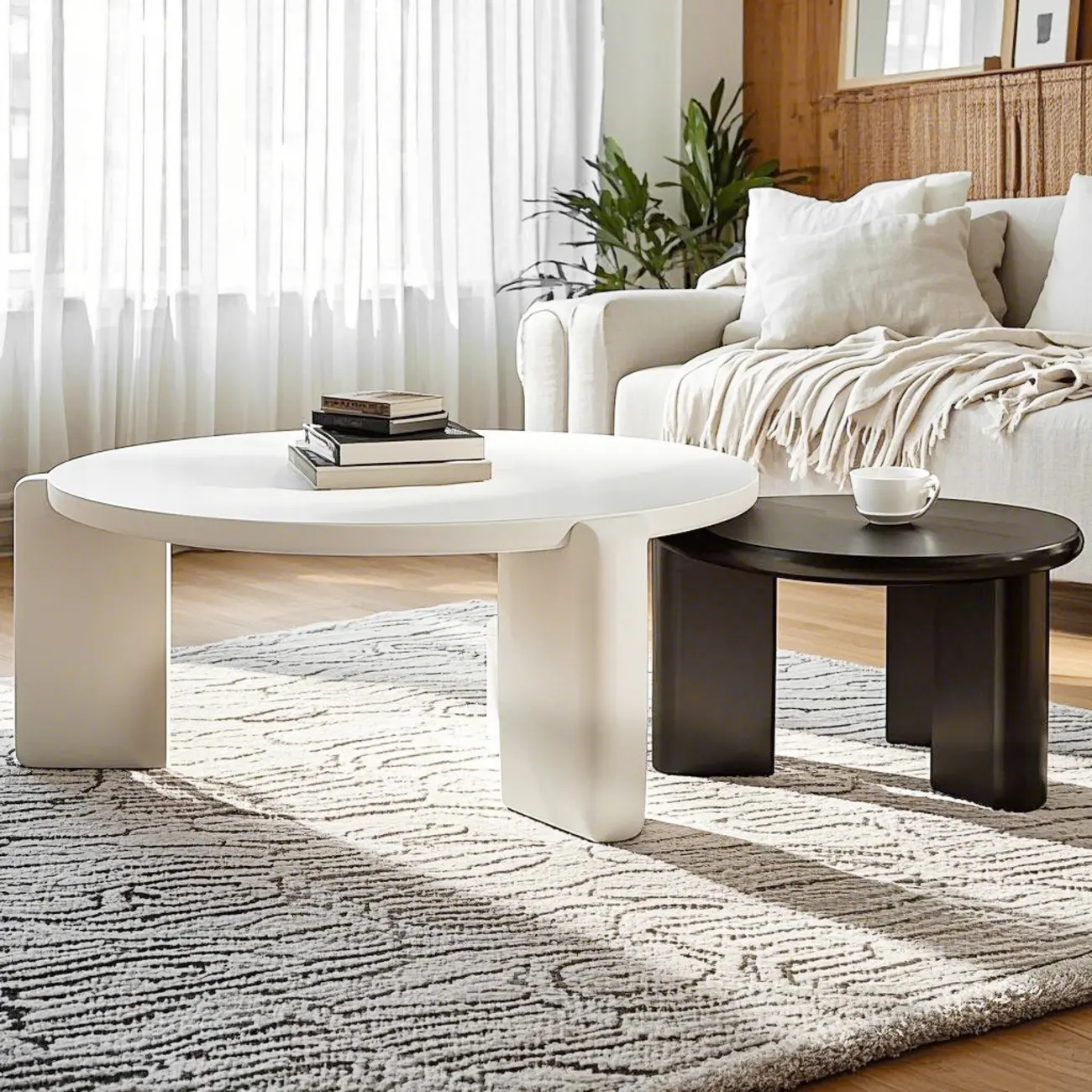Black White Triple Leg Round Wood Coffee Table
