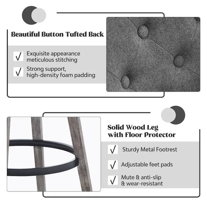 HOMYKA Tufted Swivel Bar Stool with Wood Grain Chair Legs Set of 2