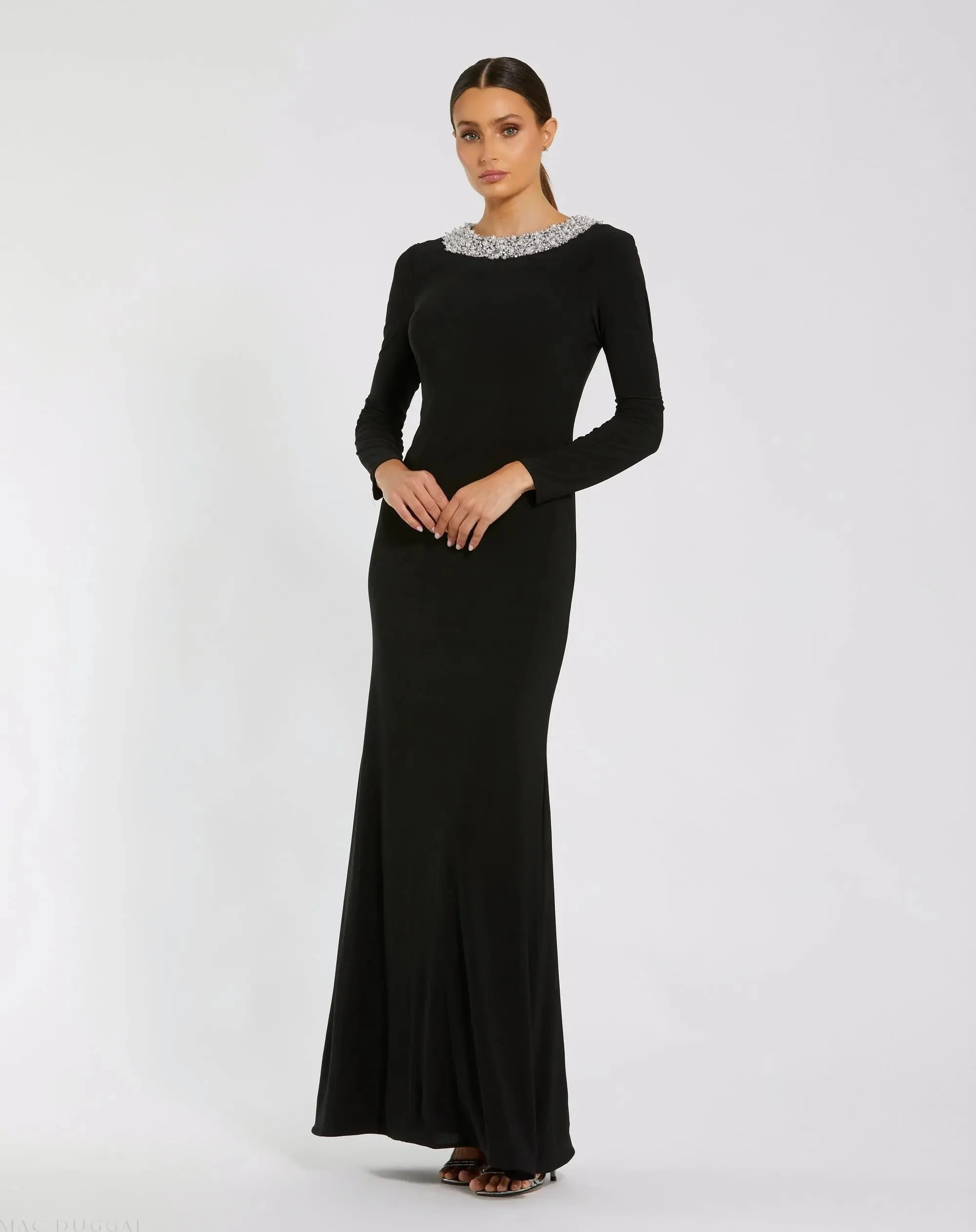 Black Jersey Long Sleeve Fitted Gown With Beaded Neck