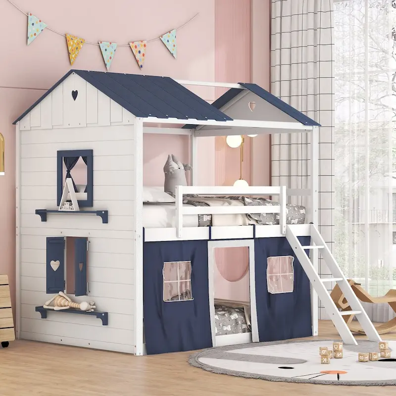 White & Blue Full Size House Bunk Bed, 1-Child