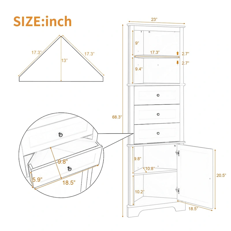 Triangle Tall Cabinet with 3 Drawers and Adjustable Shelves, MDF Board with Painted Finish