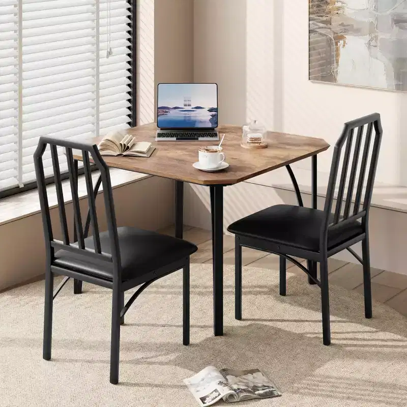 Dining Table Set for 2, Kitchen Table and Chairs for 2 with Chamfer Design, 3 Piece Dining Room Table Set with Cushion Seats -Grey