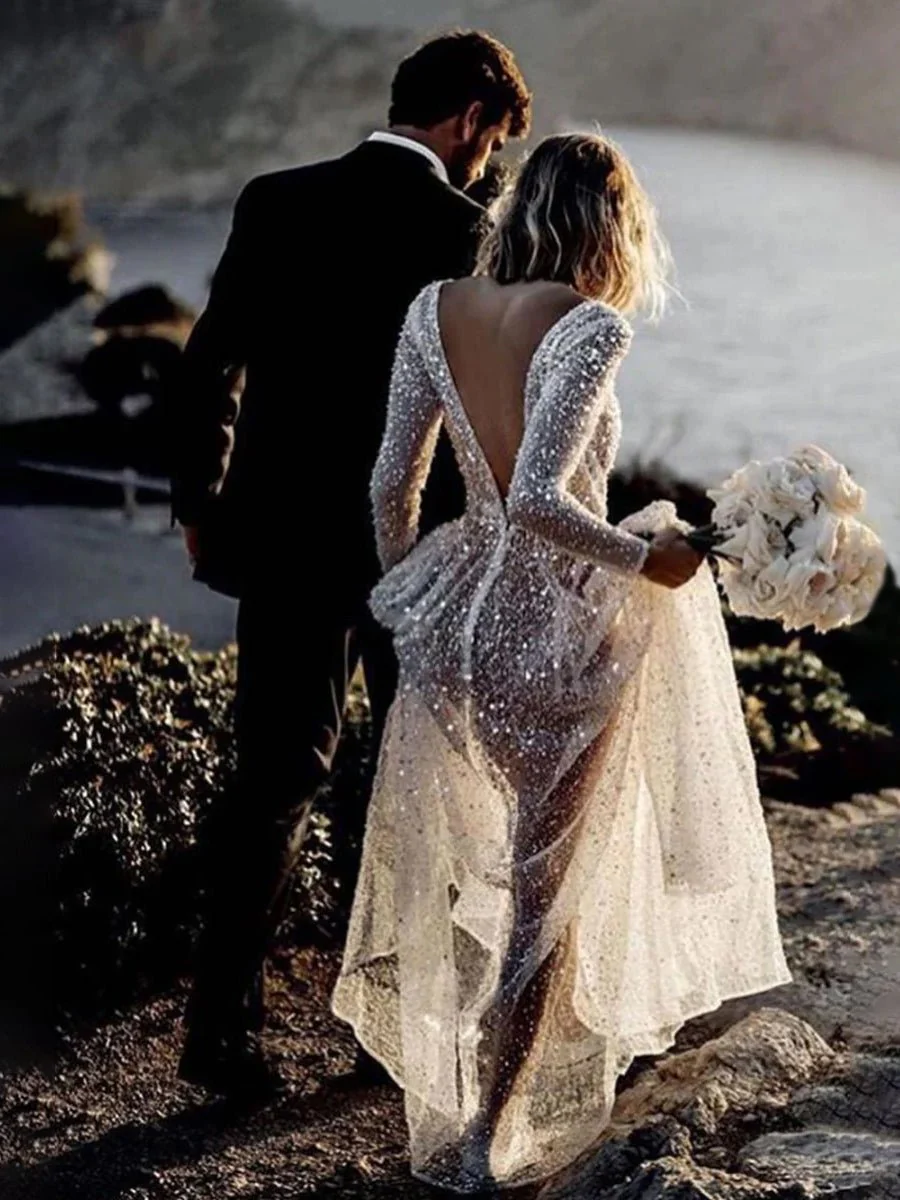 Bohemian A-Line Sparkly Sequined Luxury Wedding Dresses