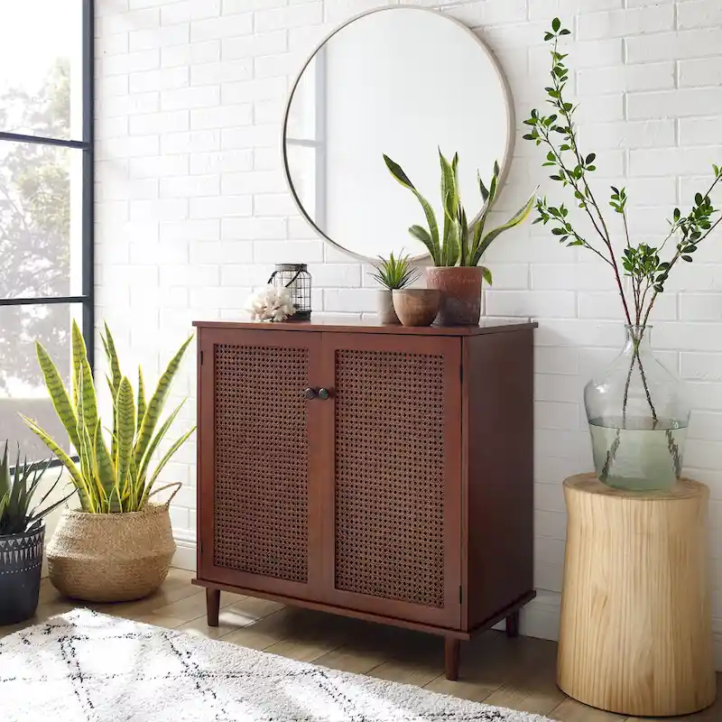 Natural Bamboo / Walnut Woven Rattan Accent Cabinet with Sliding or Standard Doors – Single Unit
