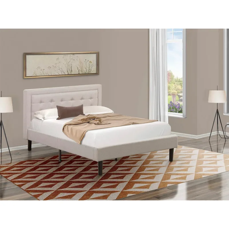 East West Furniture Platform Bed- Denim Linen Fabric Headboard with Button Tufted Trim Design - Black Legs(Size & Finish Option)