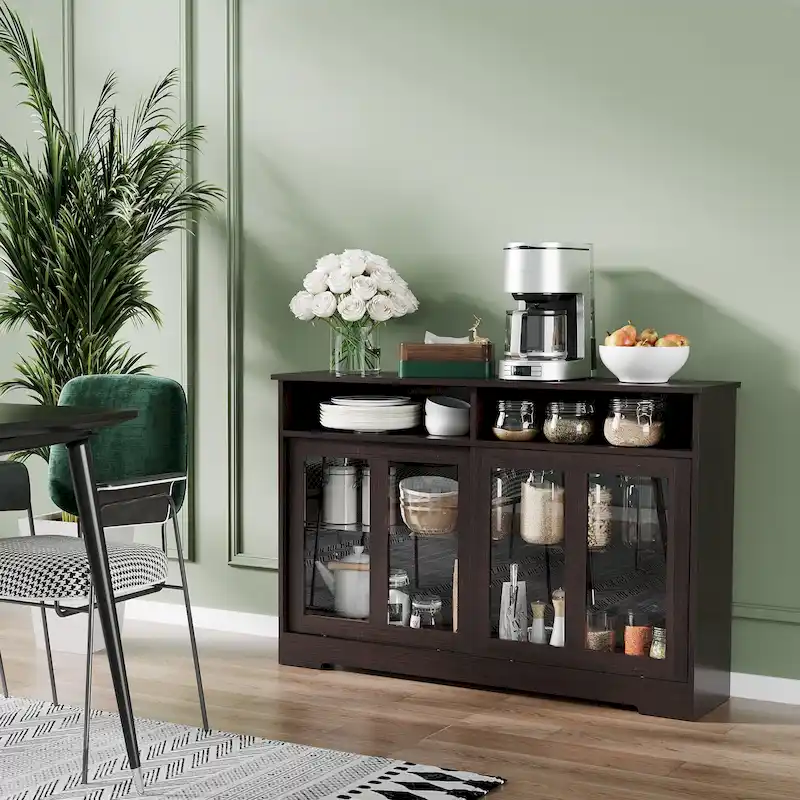 Dark Brown Wood Grain Sideboard Buffet Cabinet with Sliding Glass Doors, 2 Open Compartments and Adjustable Shelf