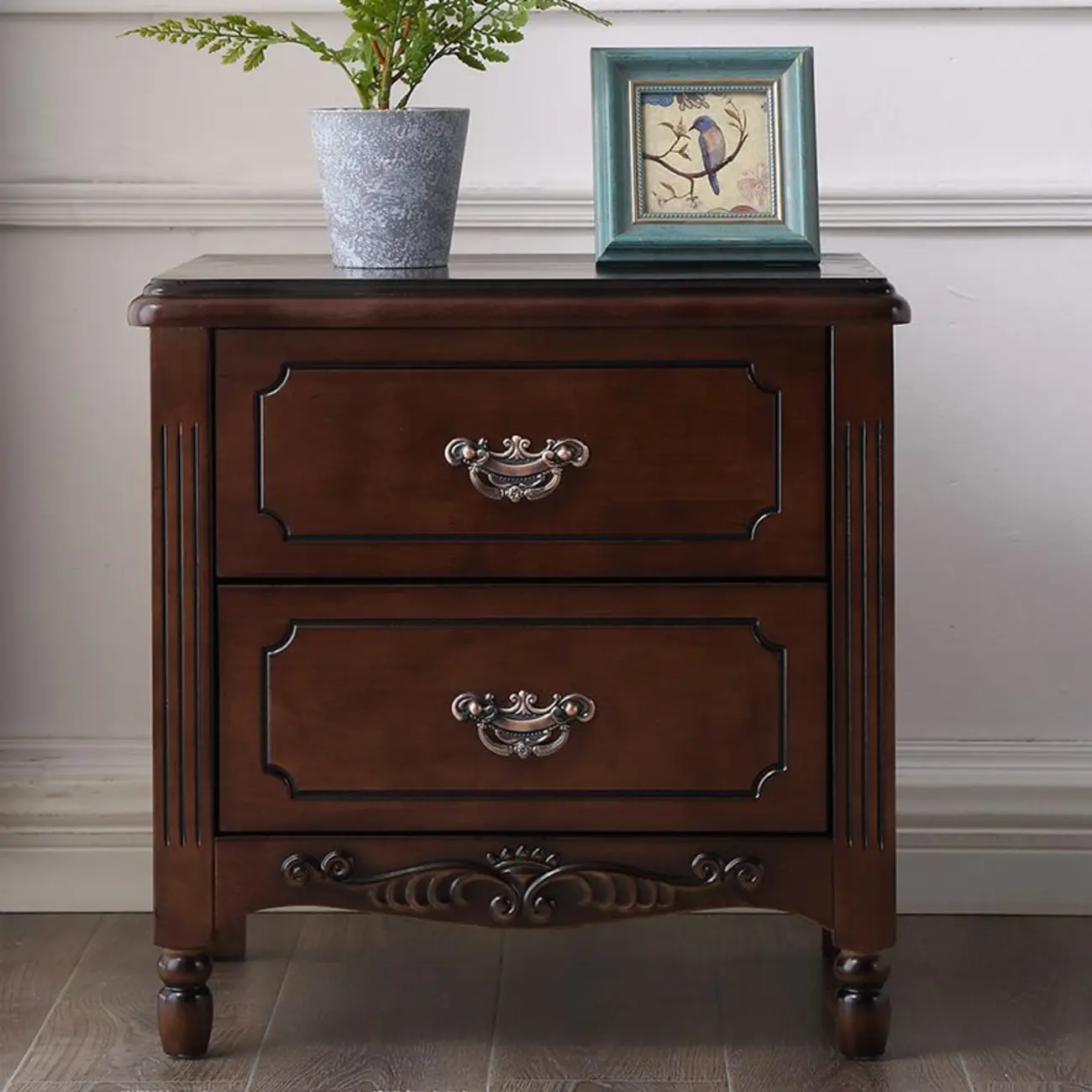 Classic Wood White Carved 2-Drawer Nightstand