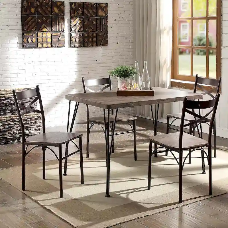 Industrial Metal Dining Table with 4 Chairs - Grey/Brown/Natural