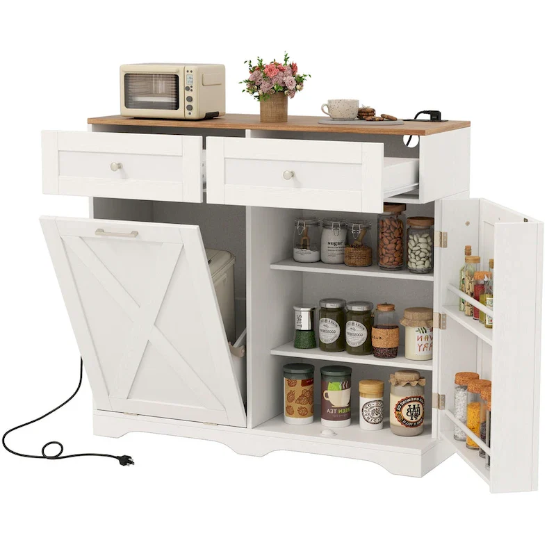 Grey/Black/White Walnut Tilt-Out Trash Can Cabinet with Outlets, 2 Drawers & Adjustable Shelf – 1 Person