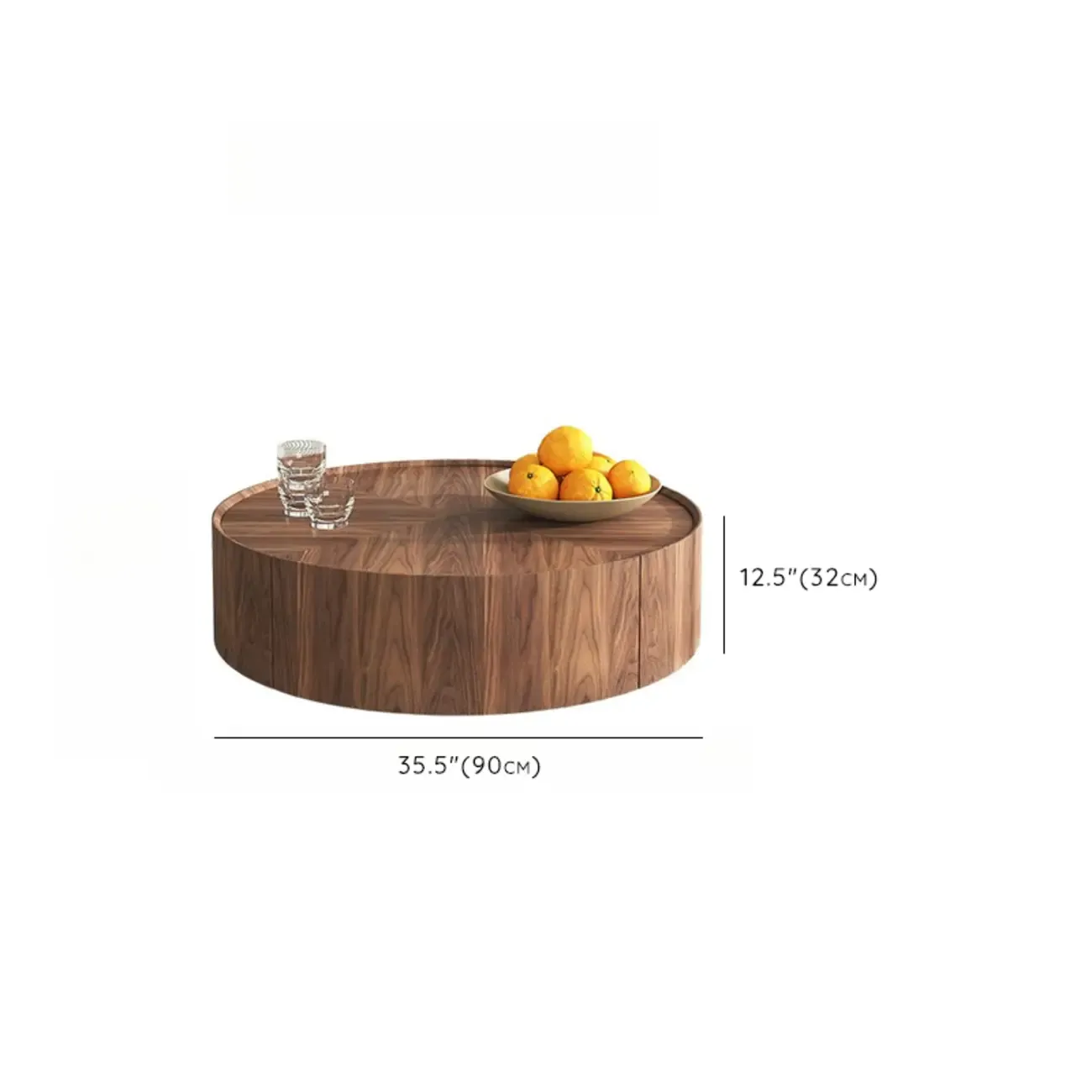 Brown Round Wood Tray Top 2 Drawers Coffee Table