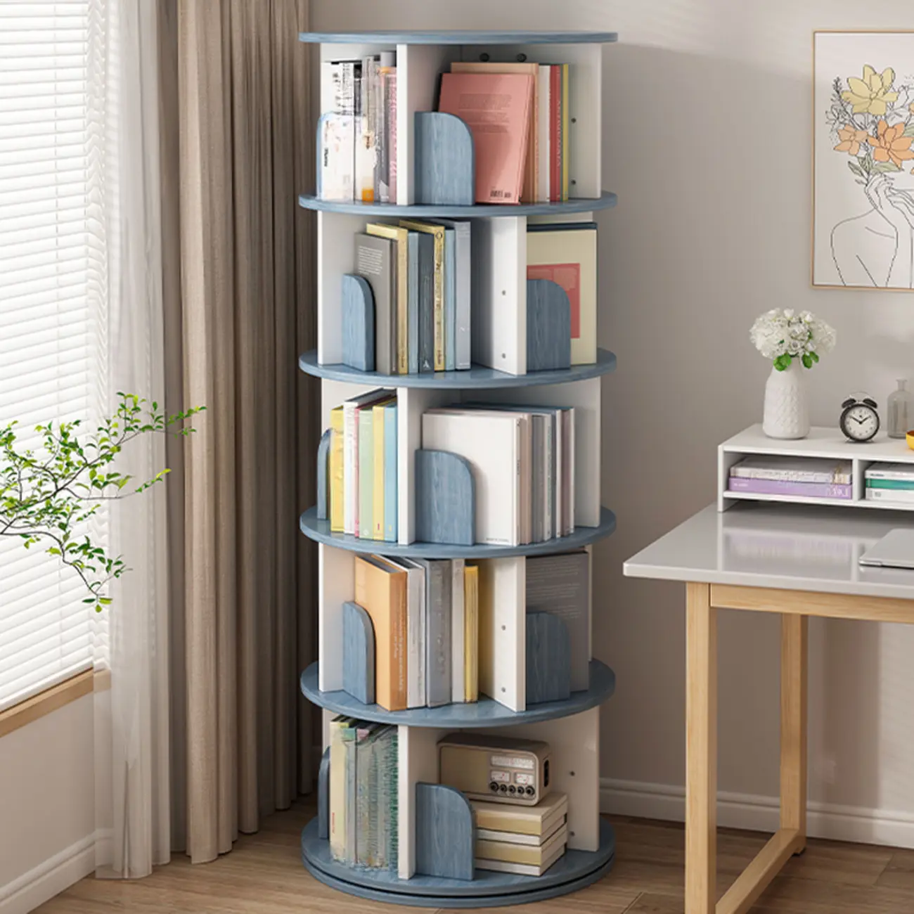 Brown Cylindrical Wooden Rotating Open-Back Bookcase