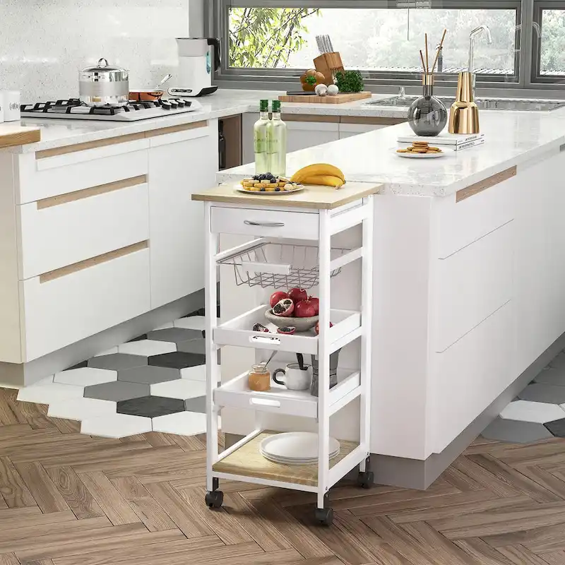 White Rolling Kitchen Cart with Wire Baskets & Drawer – 1 Person